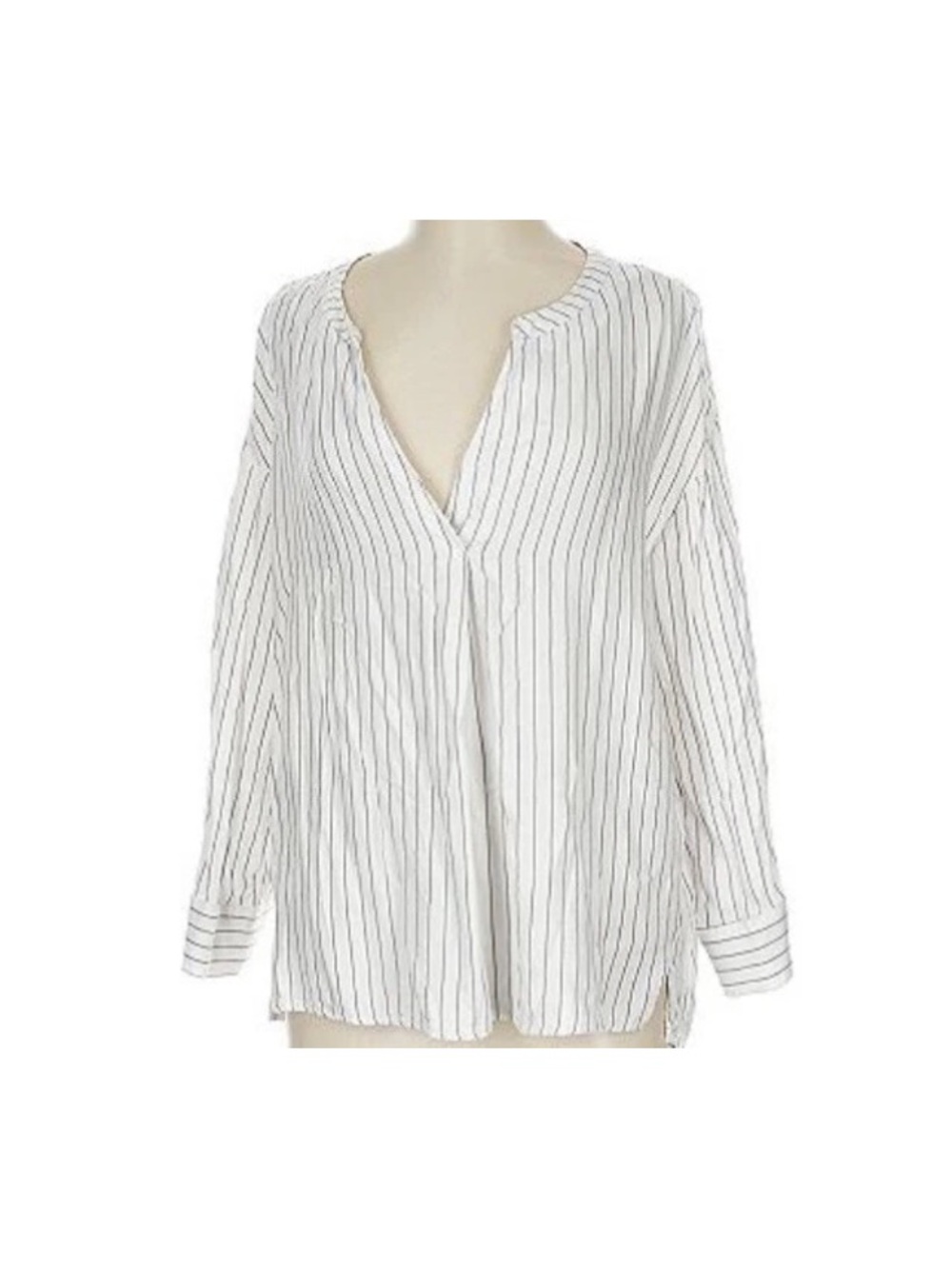 LOFT Lounge White Soft Viscose Popover Tunic V Neck Long Sleeve Blouse Striped L - Picture 5 of 10